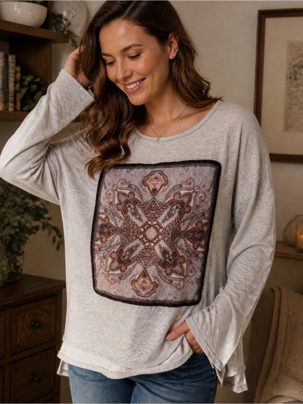 Democracy Gray Pullover Tunic with Ornate Medallion Mandala Panel